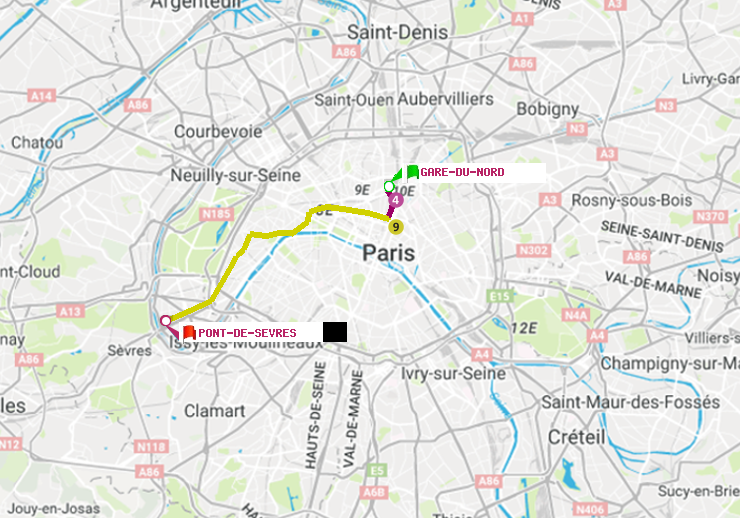 plan itinéraire ratp de Gare du Nord à Pont de Sèvres