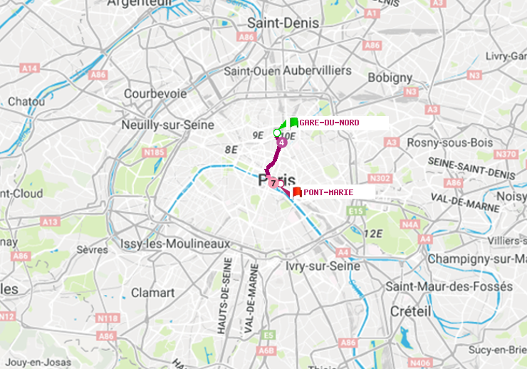 plan itinéraire ratp de Gare du Nord à Pont Marie (Cité des Arts)