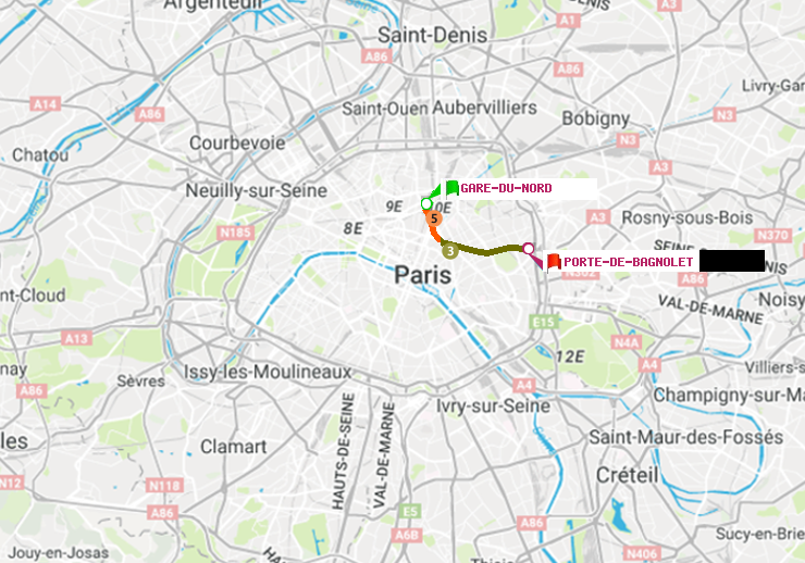 plan itinéraire ratp de Gare du Nord à Porte de Bagnolet