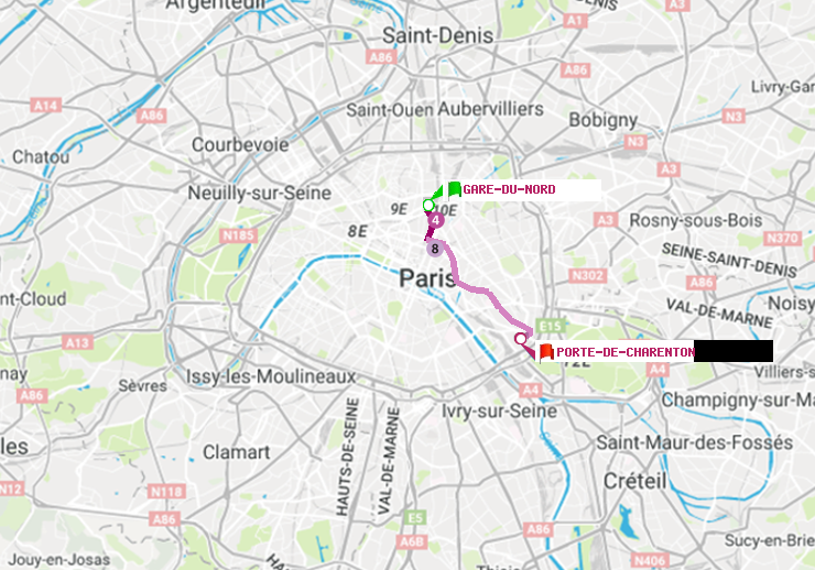plan itinéraire ratp de Gare du Nord à Porte de Charenton