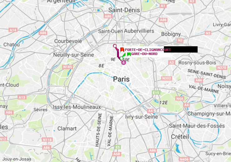 plan itinéraire ratp de Gare du Nord à Porte de Clignancourt