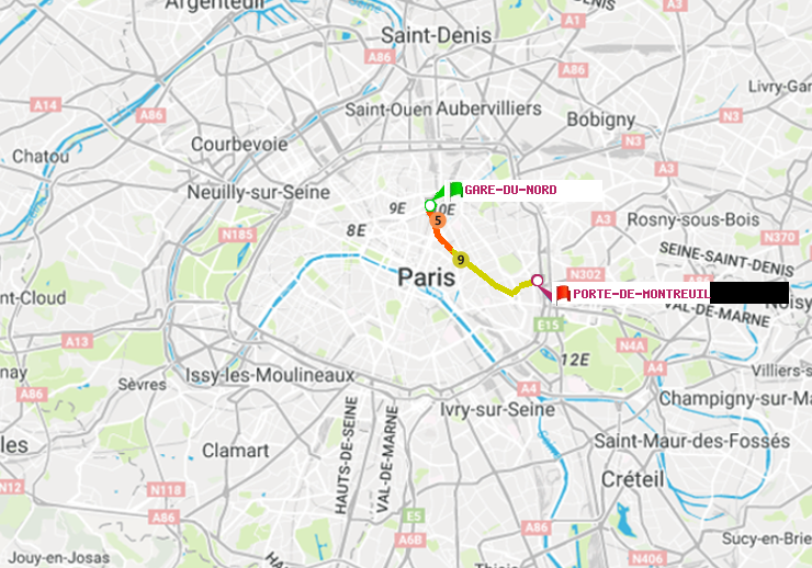 plan itinéraire ratp de Gare du Nord à Porte de Montreuil