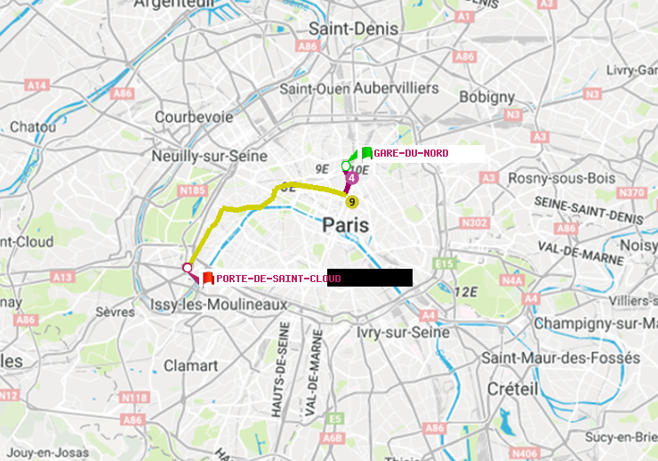 plan itinéraire ratp de Gare du Nord à Porte de Saint-Cloud