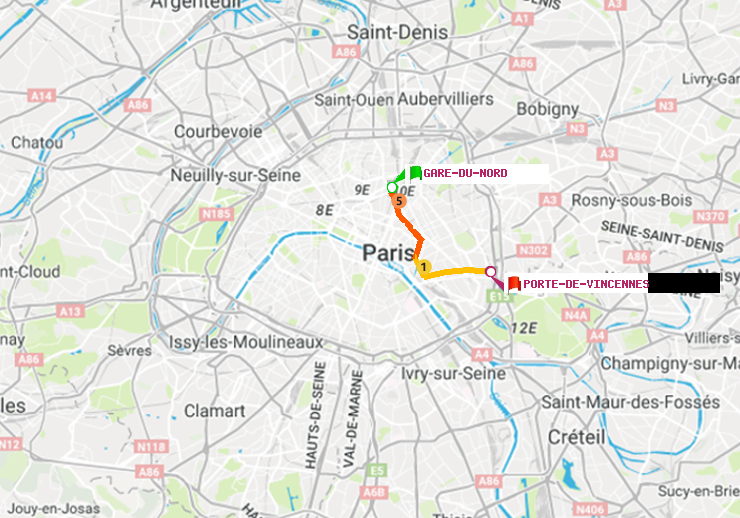 plan itinéraire ratp de Gare du Nord à Porte de Vincennes