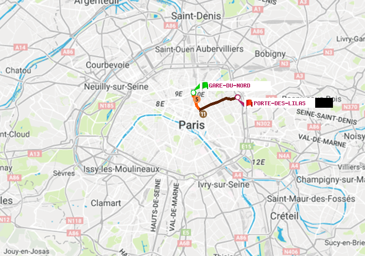 plan itinéraire ratp de Gare du Nord à Porte des Lilas