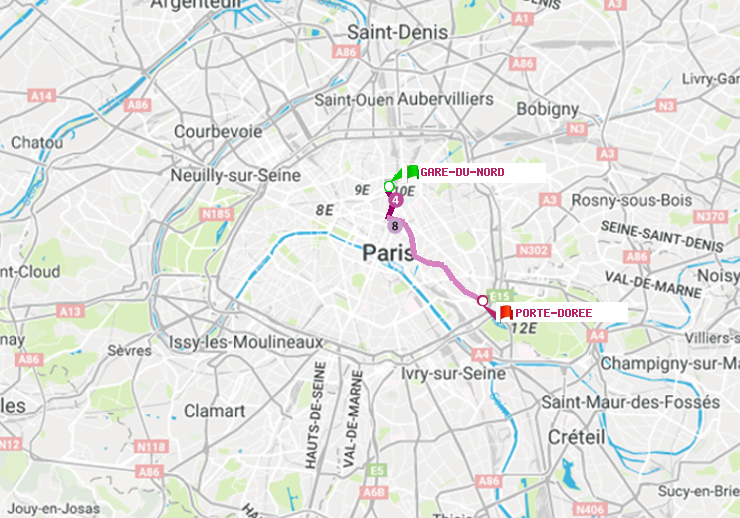 plan itinéraire ratp de Gare du Nord à Porte Dorée