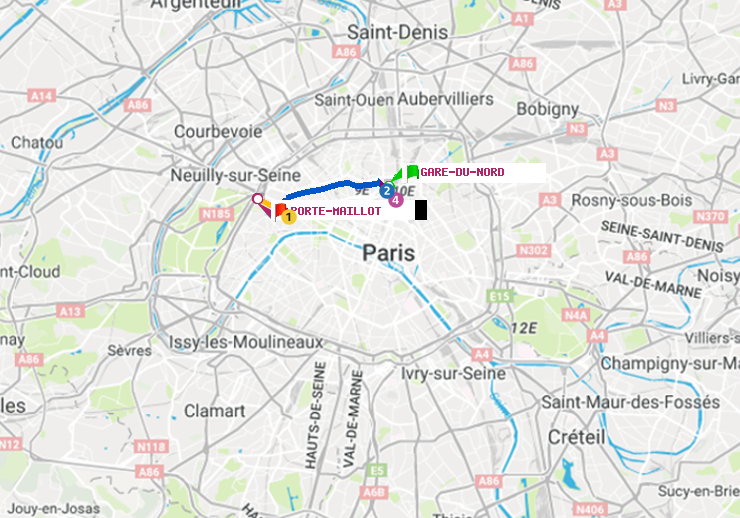 plan itinéraire ratp de Gare du Nord à Porte Maillot