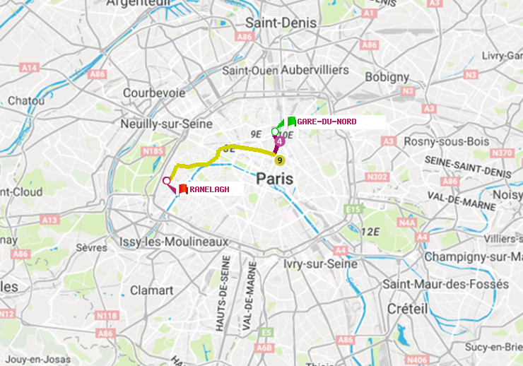 plan itinéraire ratp de Gare du Nord à Ranelagh