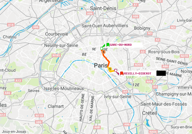 plan itinéraire ratp de Gare du Nord à Reuilly-Diderot