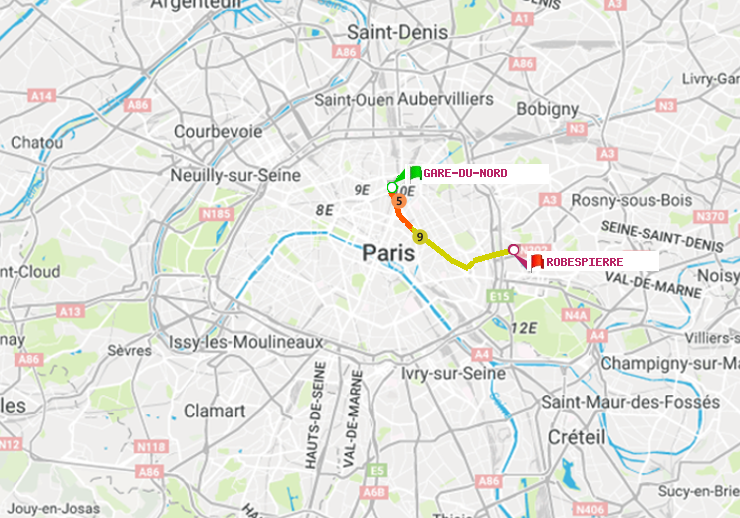 plan itinéraire ratp de Gare du Nord à Robespierre