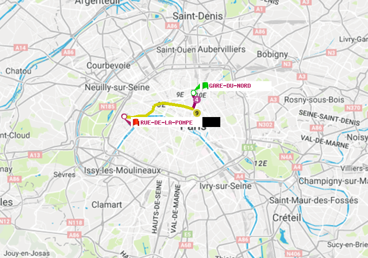plan itinéraire ratp de Gare du Nord à Rue de la Pompe (Avenue Georges Mandel)