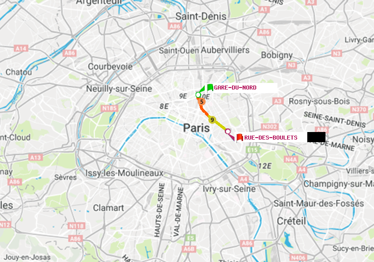 plan itinéraire ratp de Gare du Nord à Rue des Boulets