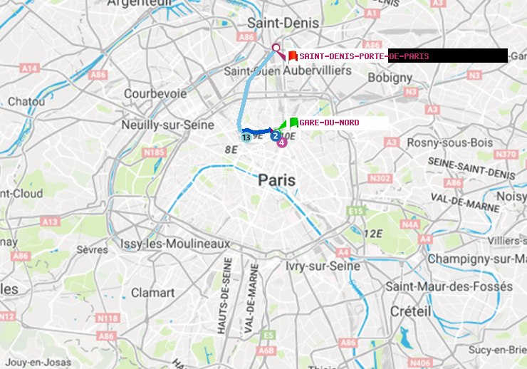 plan itinéraire ratp de Gare du Nord à Saint-Denis-Porte de Paris