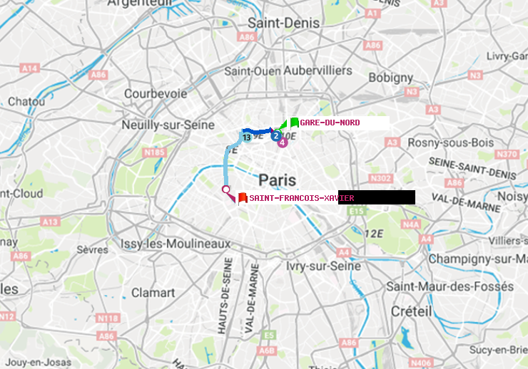 plan itinéraire ratp de Gare du Nord à Saint-Francois-Xavier