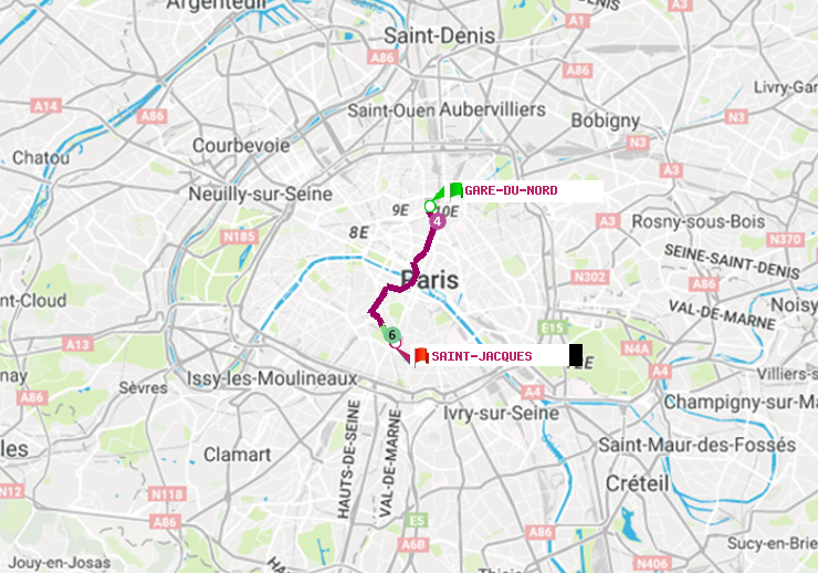 plan itinéraire ratp de Gare du Nord à Saint-Jacques