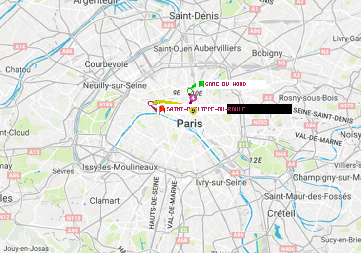 plan itinéraire ratp de Gare du Nord à Saint-Philippe du Roule