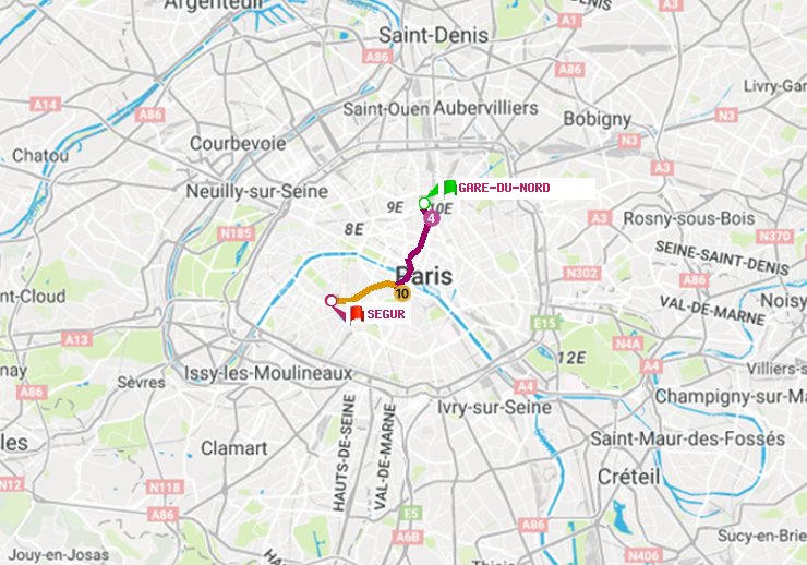 plan itinéraire ratp de Gare du Nord à Ségur