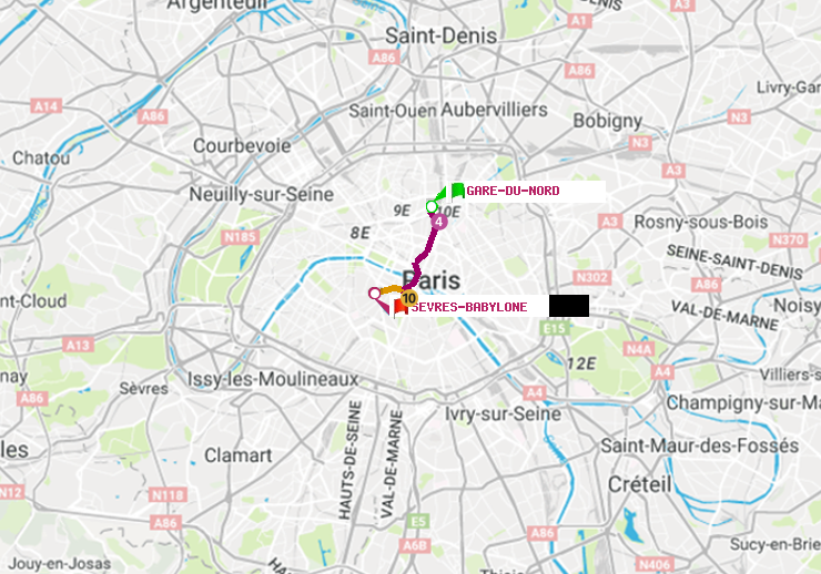 plan itinéraire ratp de Gare du Nord à Sèvres-Babylone