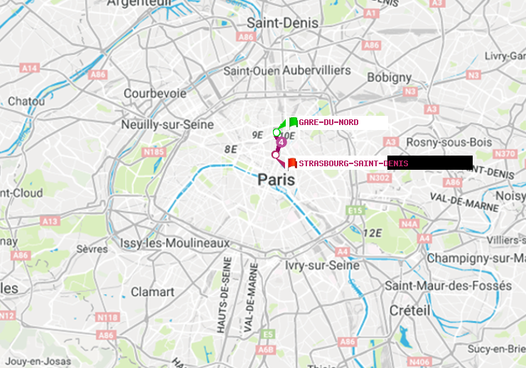 plan itinéraire ratp de Gare du Nord à Strasbourg-Saint-Denis