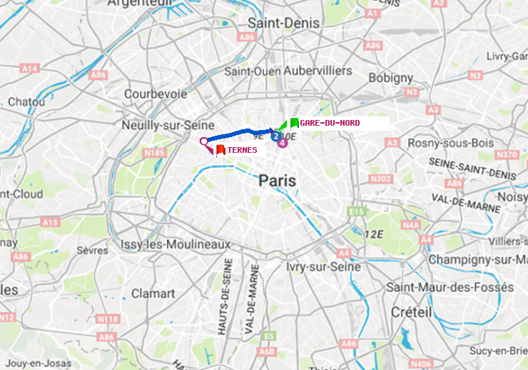 plan itinéraire ratp de Gare du Nord à Ternes