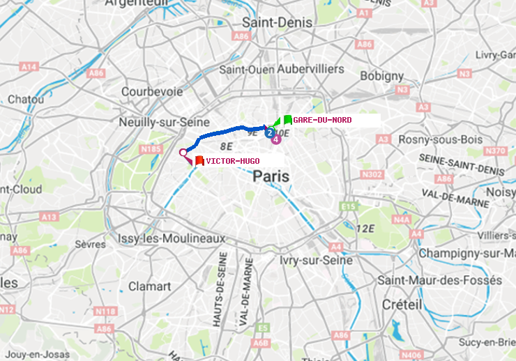 plan itinéraire ratp de Gare du Nord à Victor Hugo