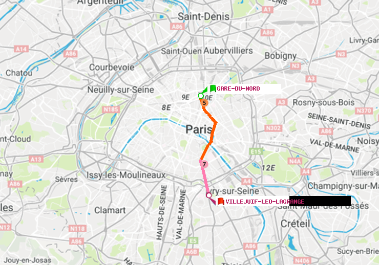 plan itinéraire ratp de Gare du Nord à Villejuif-Léo Lagrange
