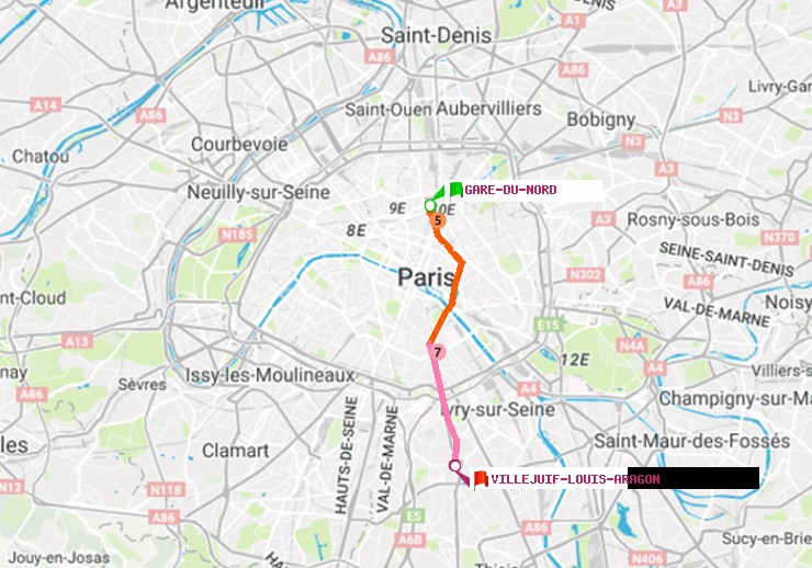 plan itinéraire ratp de Gare du Nord à Villejuif-Louis Aragon