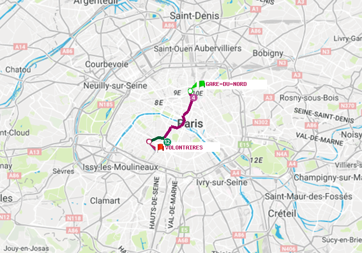 plan itinéraire ratp de Gare du Nord à Volontaires