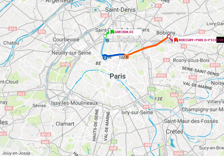 plan itinéraire ratp de Garibaldi à Bobigny-Pablo-Picasso