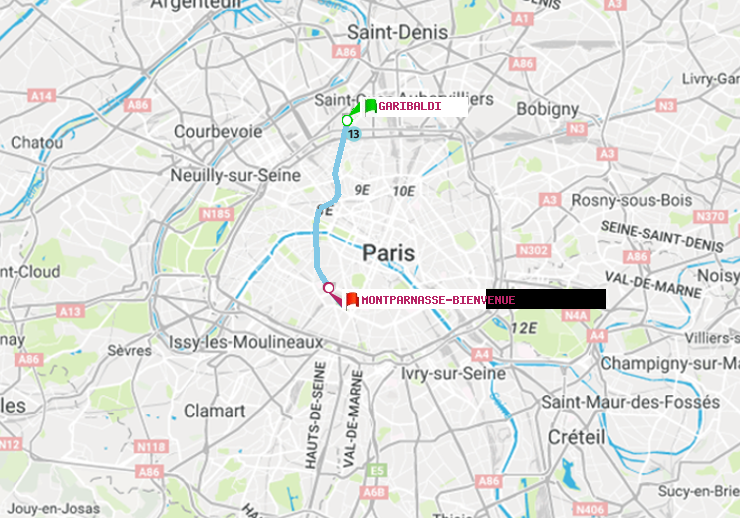 plan itinéraire ratp de Garibaldi à Montparnasse-Bienvenue