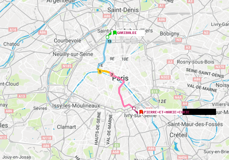 plan itinéraire ratp de Garibaldi à Pierre et Marie Curie