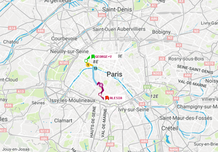 plan itinéraire ratp de George V à Alésia