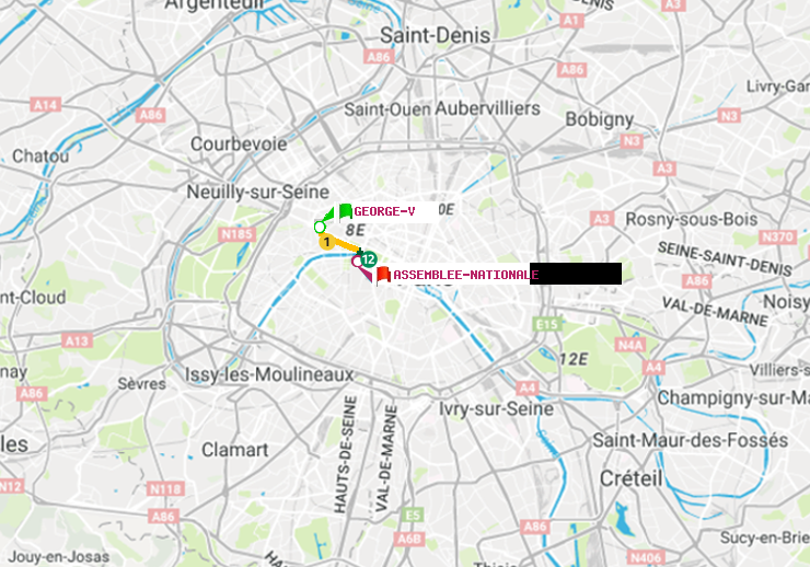 plan itinéraire ratp de George V à Assemblée Nationale