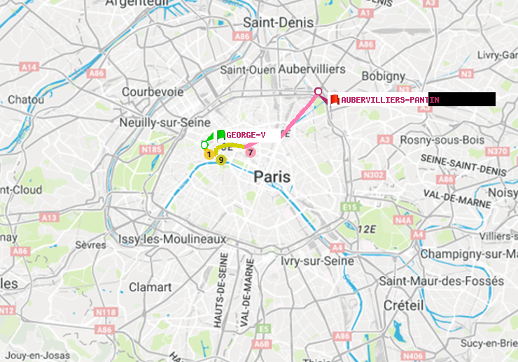 plan itinéraire ratp de George V à Aubervilliers Pantin (4 Chemins)