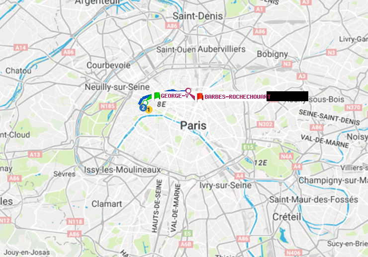 plan itinéraire ratp de George V à Barbès-Rochechouart