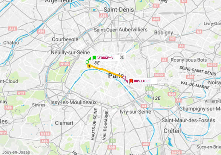 plan itinéraire ratp de George V à Bastille