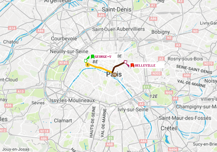 plan itinéraire ratp de George V à Belleville