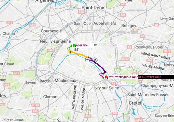 plan itinéraire ratp de George V à Bibliotheque-Francois Mitterrand