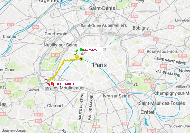 plan itinéraire ratp de George V à Billancourt