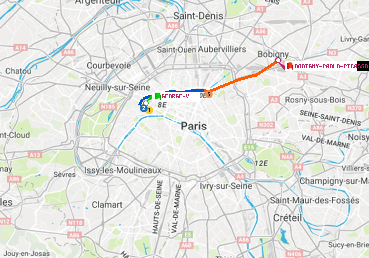 plan itinéraire ratp de George V à Bobigny-Pablo-Picasso