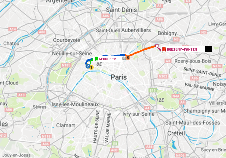 plan itinéraire ratp de George V à Bobigny-Pantin (Raymond Queneau)