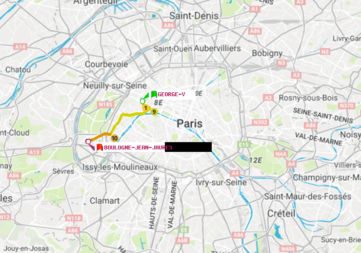 plan itinéraire ratp de George V à Boulogne-Jean-Jaurès