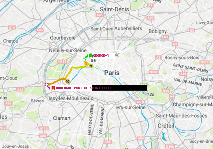 plan itinéraire ratp de George V à Boulogne Pont de Saint-Cloud