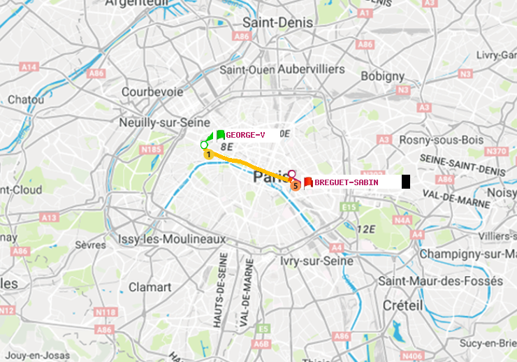 plan itinéraire ratp de George V à Bréguet-Sabin