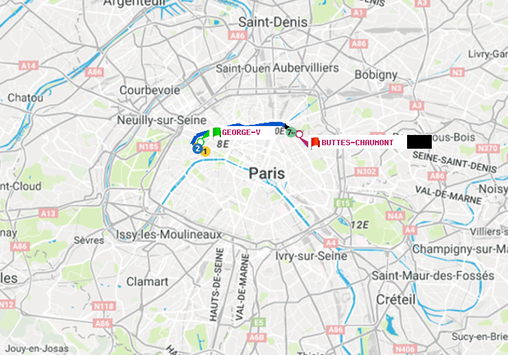 plan itinéraire ratp de George V à Buttes-Chaumont