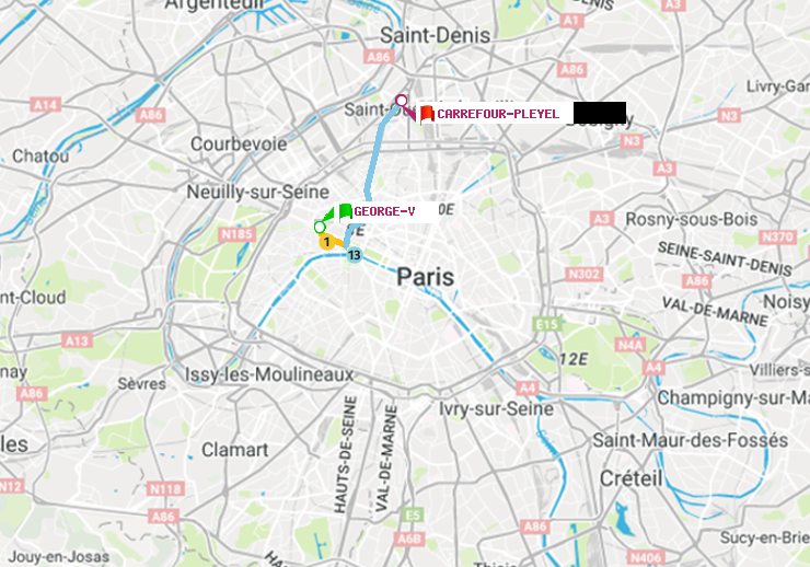 plan itinéraire ratp de George V à Carrefour-Pleyel