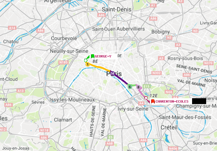 plan itinéraire ratp de George V à Charenton-Ecoles