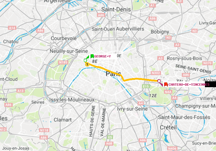 plan itinéraire ratp de George V à Château de Vincennes