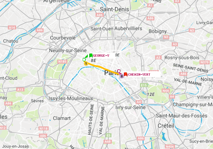plan itinéraire ratp de George V à Chemin Vert