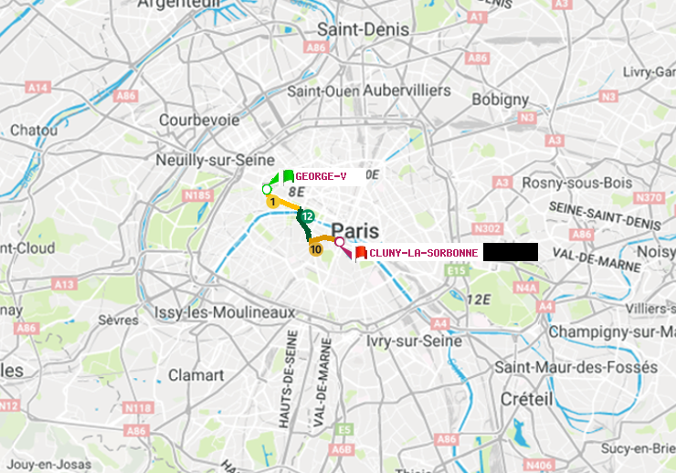 plan itinéraire ratp de George V à Cluny-La Sorbonne